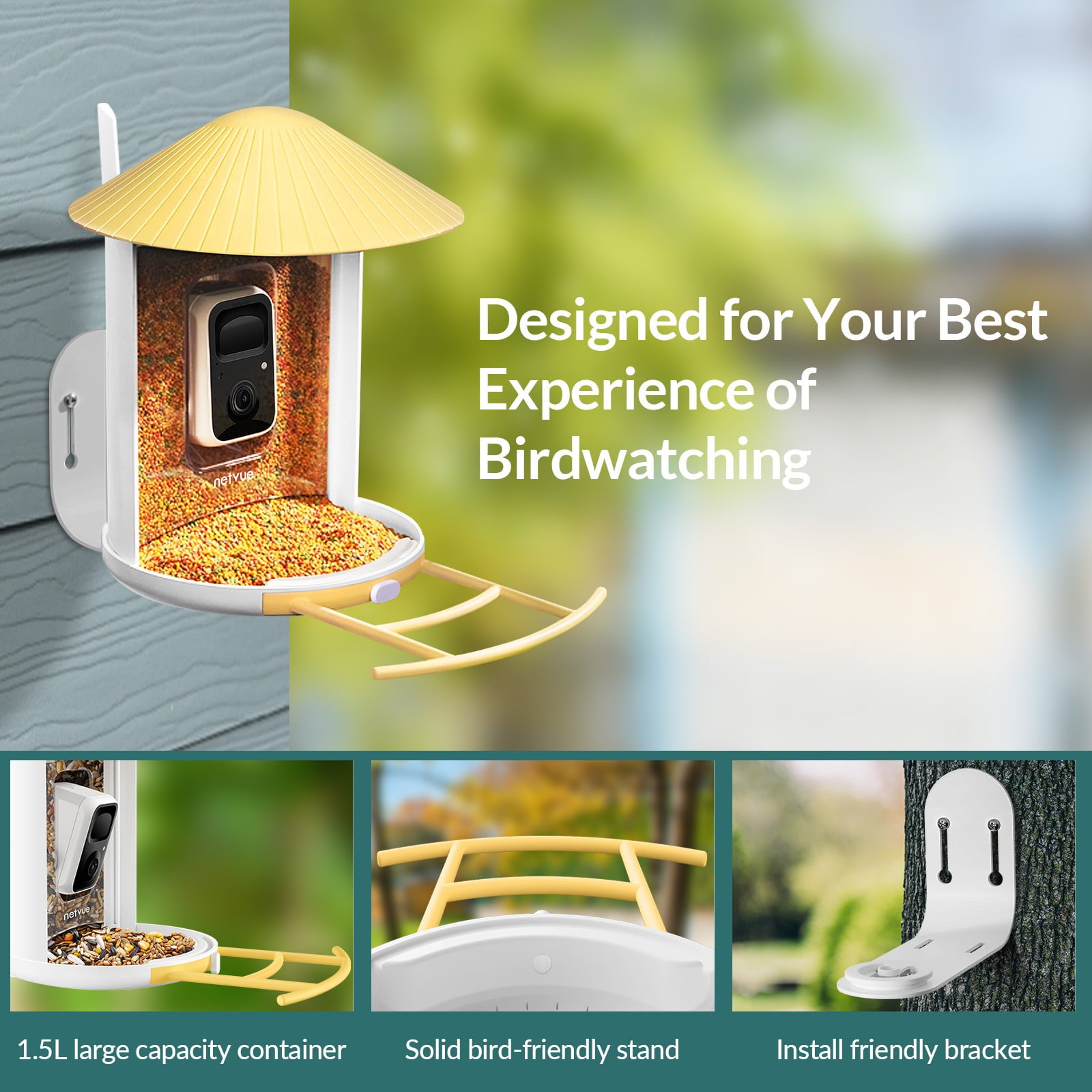 Bird Feeder Camera Outdoor Netvue Birdfy Smart Bird Feeder for Bird Watching， Capture Images/Videos with APP Notification， Bird Gifts for Parents， Hopper Feeder， Yellow(Birdfy Lite + Solar Panel)