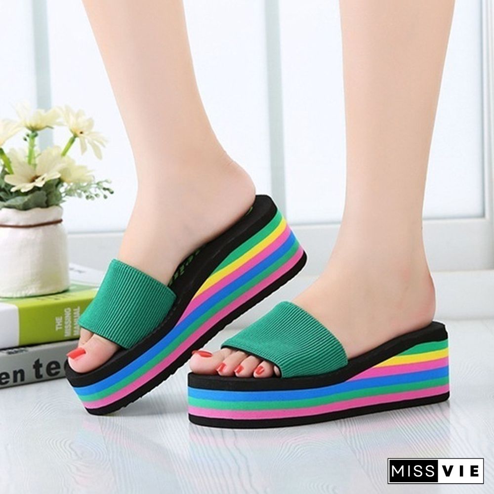 Women Fashion Summer High Heels Sandals Rainbow Non-Slip Thick Soled Slippers Ladies Platform Wedge Beach Slippers