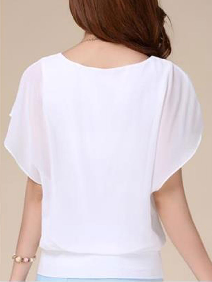 Spring Summer  Blend  Women  Crew Neck  Plain  Short Sleeve Blouses