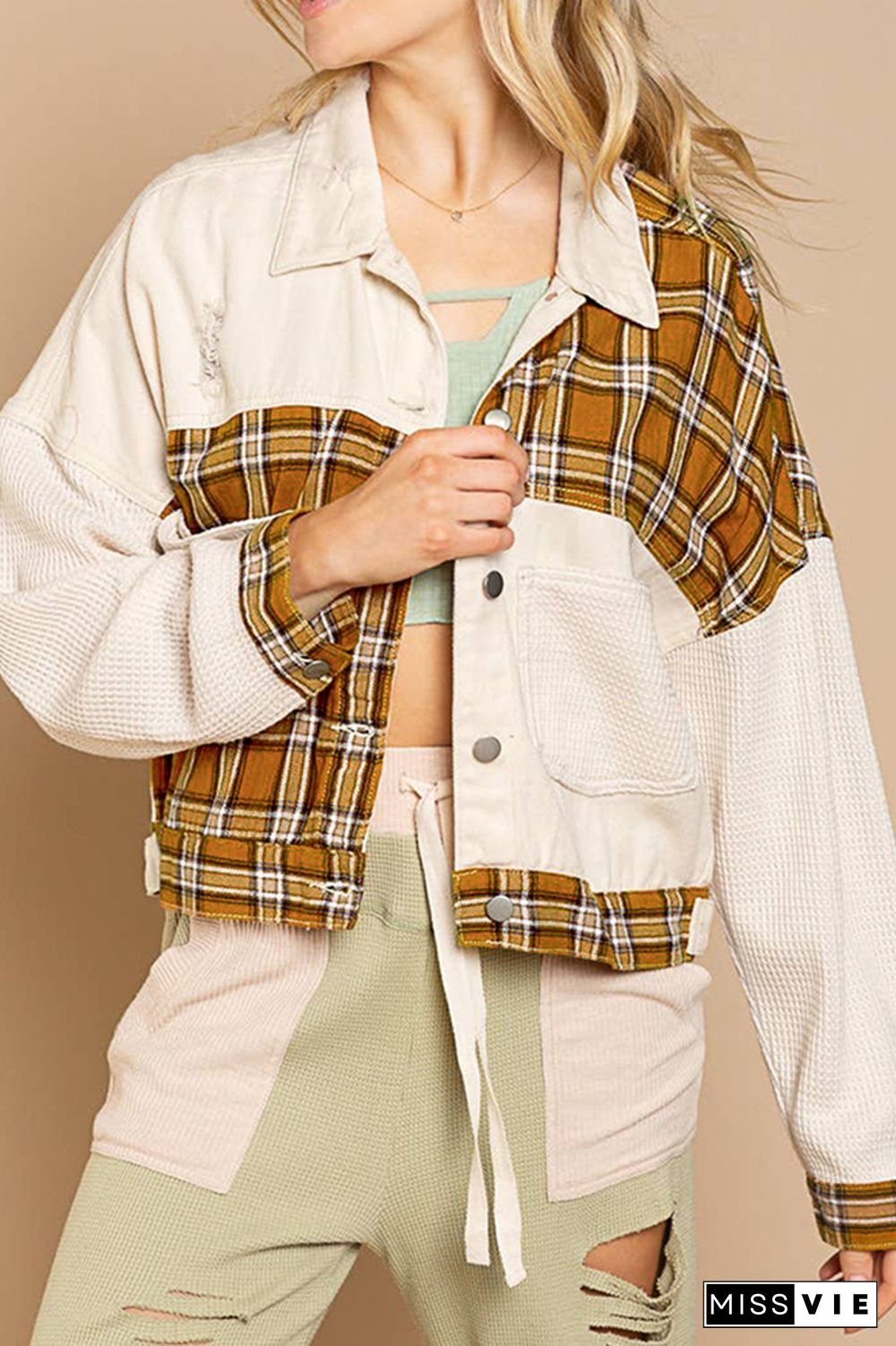 White Ripped Splicing Plaid Waffle Knit Denim Short Length Jackets