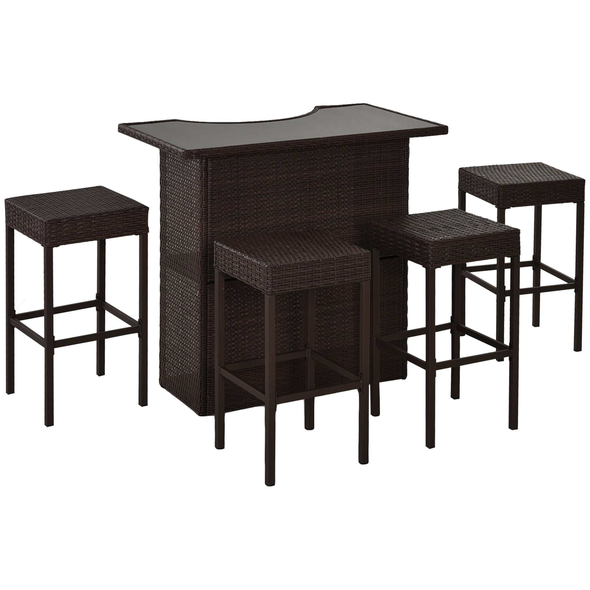 Outsunny 5-Pieces Outdoor Patio Wicker Bar Set Outside Rattan Table Chair Stool with Glass Top and Shelf， Dark Brown， 15.2 W x 15.2 D x 29.53 H