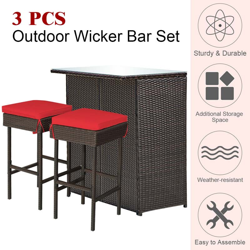 3 Pcs Rattan Patio Bar Dining Set Outdoor Counter Height Table Set with Cushioned Stools & Glass Top Table