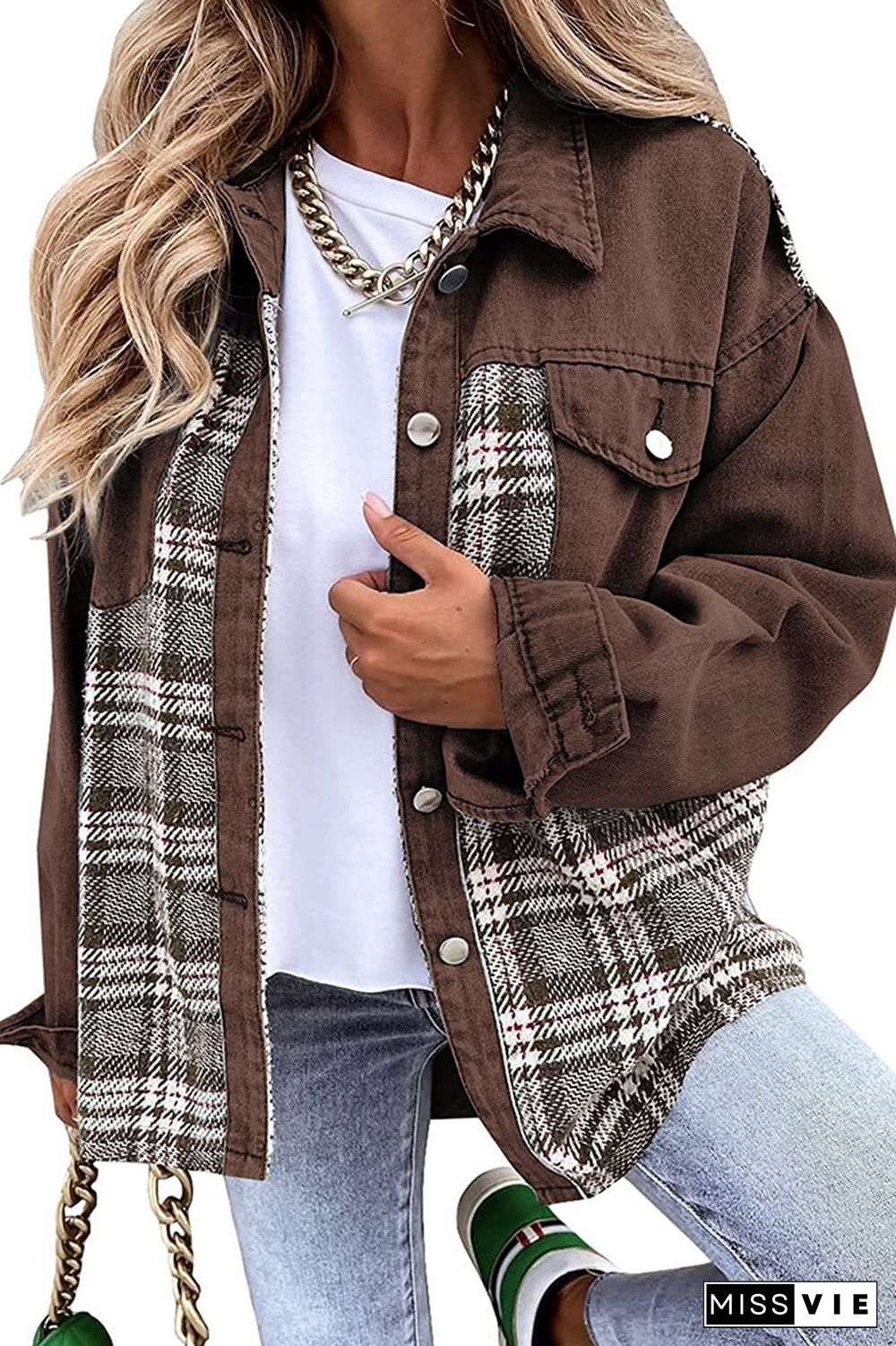 Plaid Splicing Open Button Denim Jacket