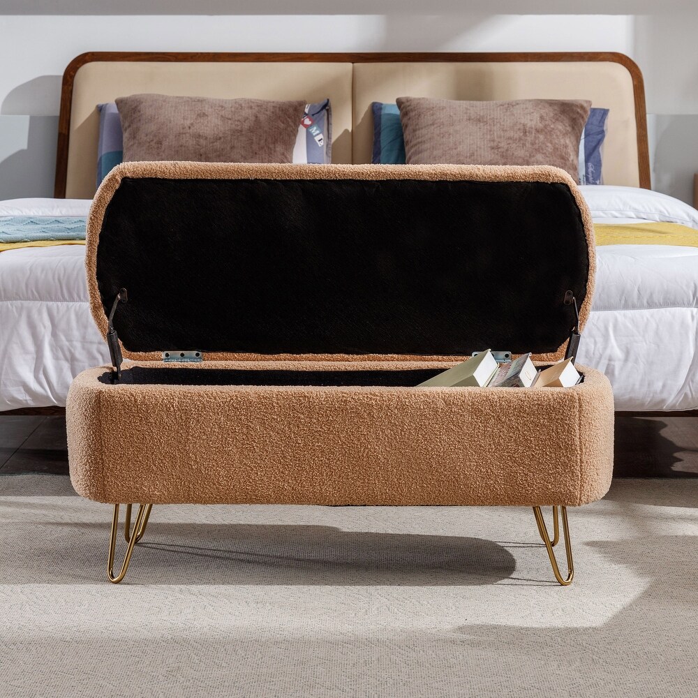 Contemporary Fabric Upholstered Storage Ottoman Bench with Metal Legs