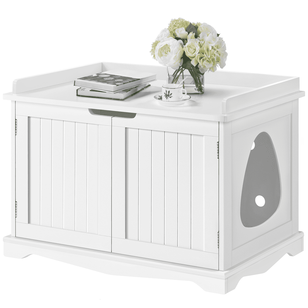 SmileMart Wooden Pet Litter Box for Pets Cat Hidden Washroom Bathroom with Door， White