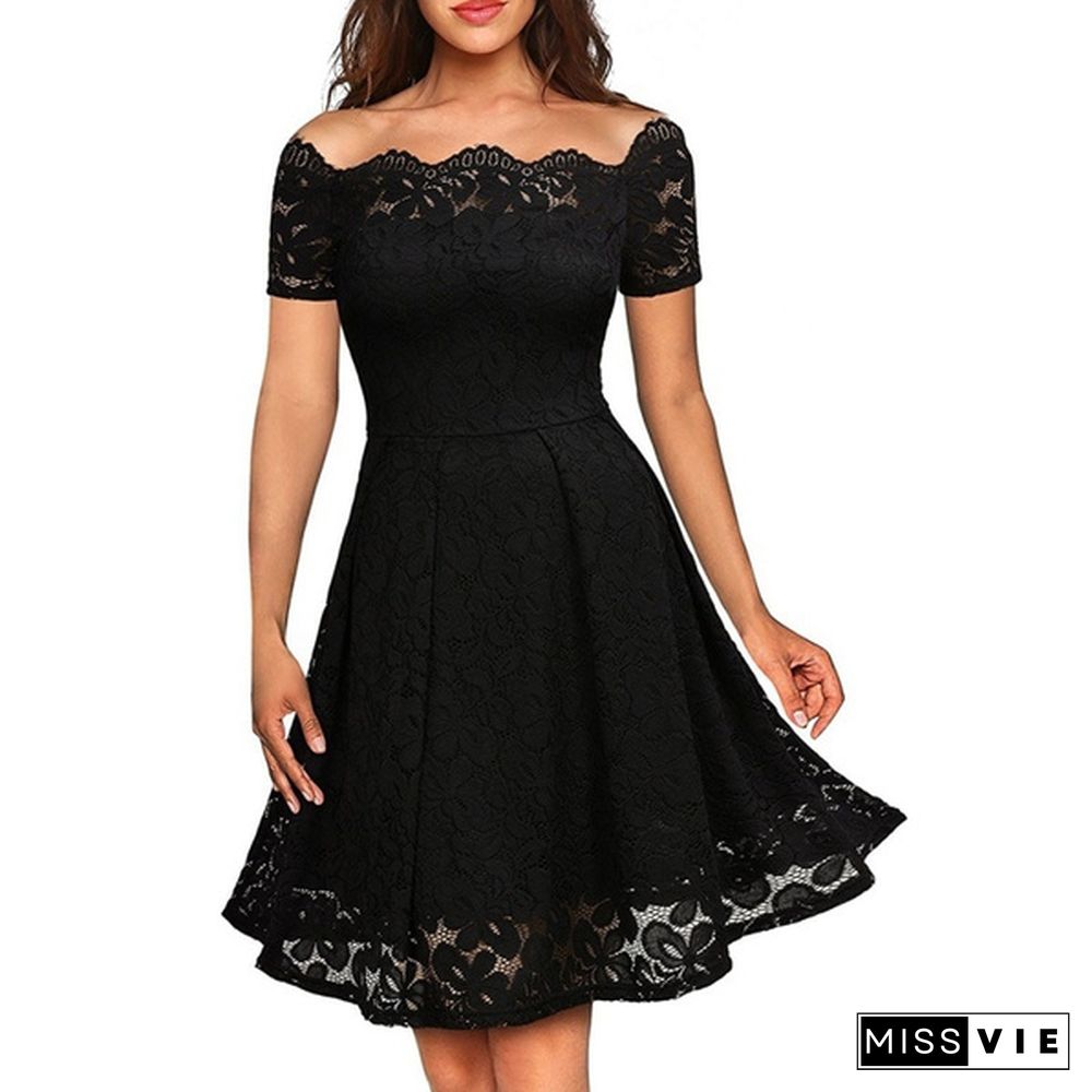 New Fashion Women Off Shoulder Slim Fit Lace Dress Elegant Strapless Short Sleeve Cutout Party Dresses Solid Color Back Swing Mini Dresses Evening Gowns Prom Dress