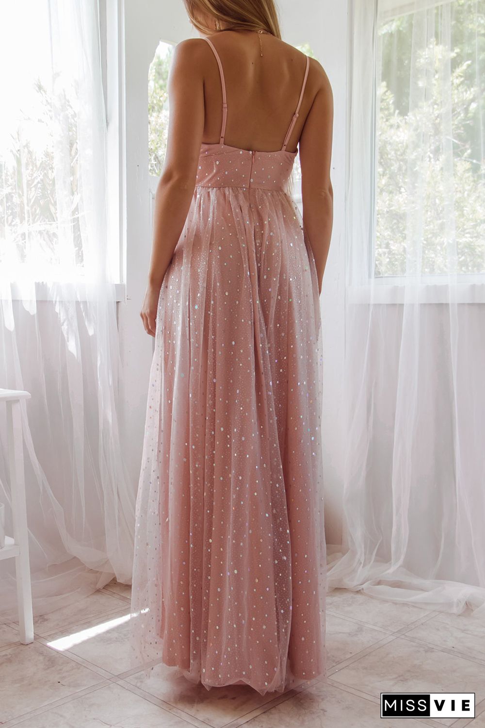 Pink Spaghetti Straps Backless Sequin Tulle Gown