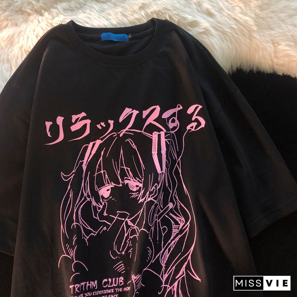 Women Clothing Womens T-Shirt Y2K Japanese Harajuku Graphic Kawaii T Shirts Anime Print Oversized T-Shirt Plus Size Grunge Tops