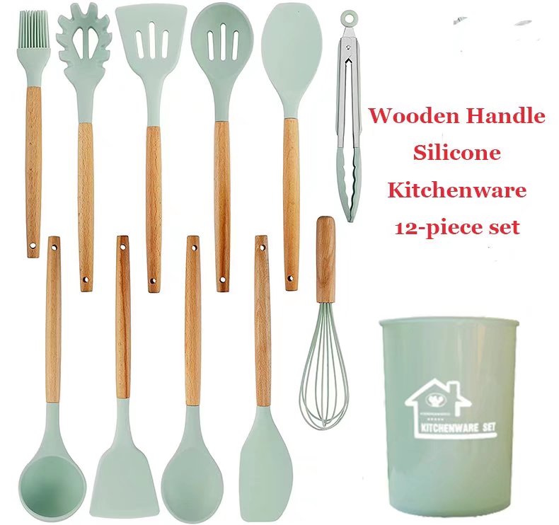 12 Pcs Silicone Cooking Utensil Set Wooden Handle Cooking Tools BPA Free Kitchen Gadgets with Holder(light green)