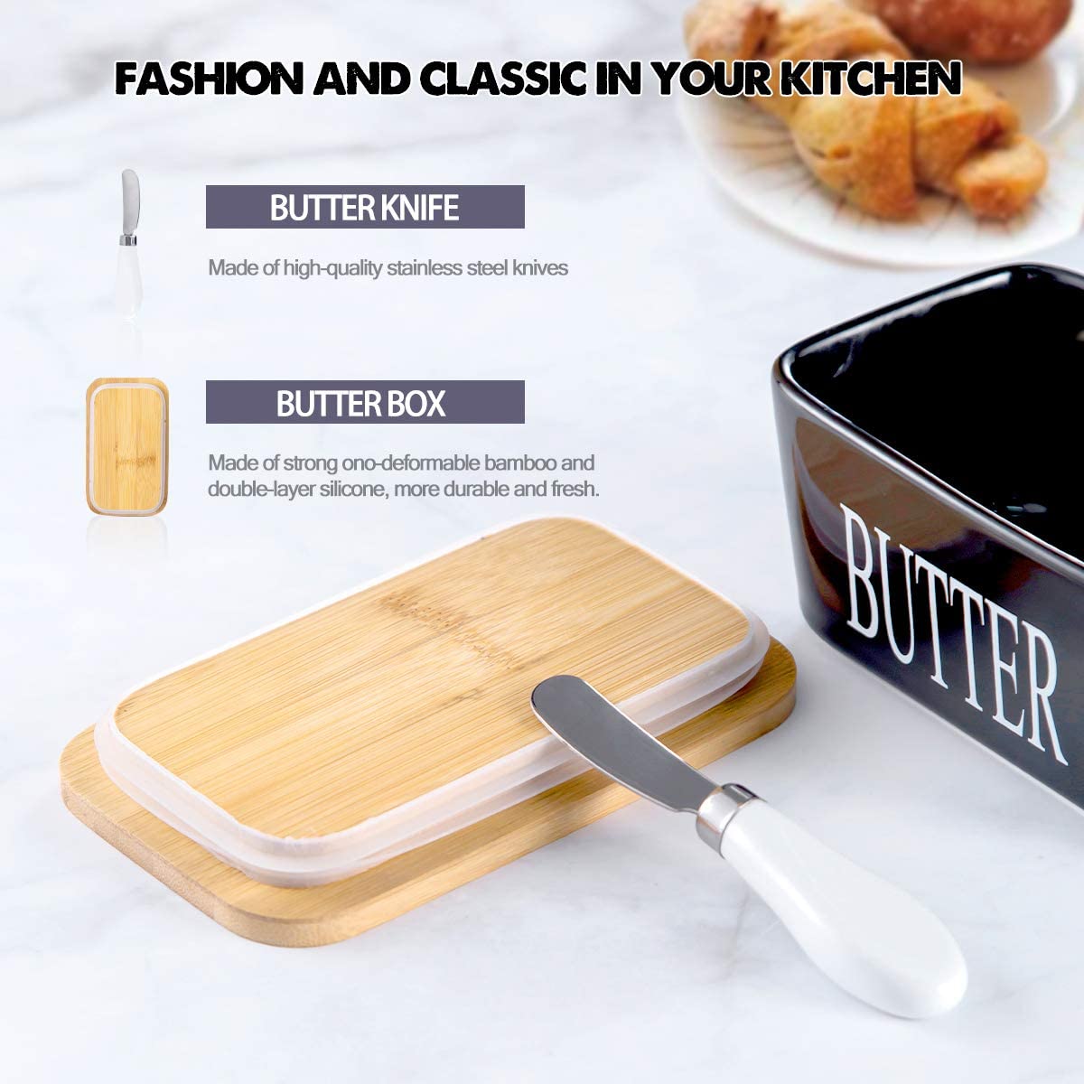 Porcelain Butter Dish with Bamboo Lid - Covered Butter Keeper with Butter Knife for Countertop， Airtight Butter Container with Cover for East West Coast Butter， Black