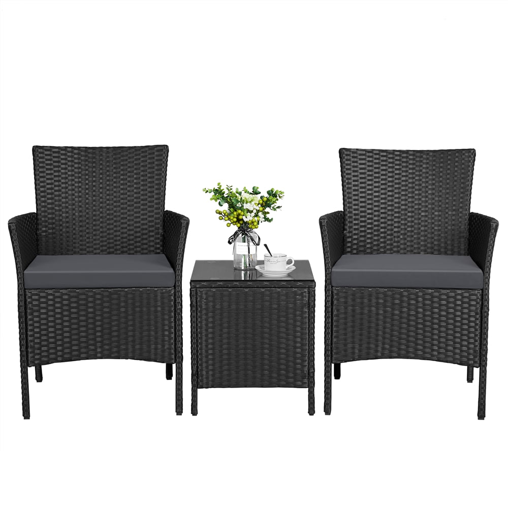 Topeakmart Set of 3 Rattan Chairs & Table Bistro Patio Porch Outdoor Garden Furniture Set Black/Grey