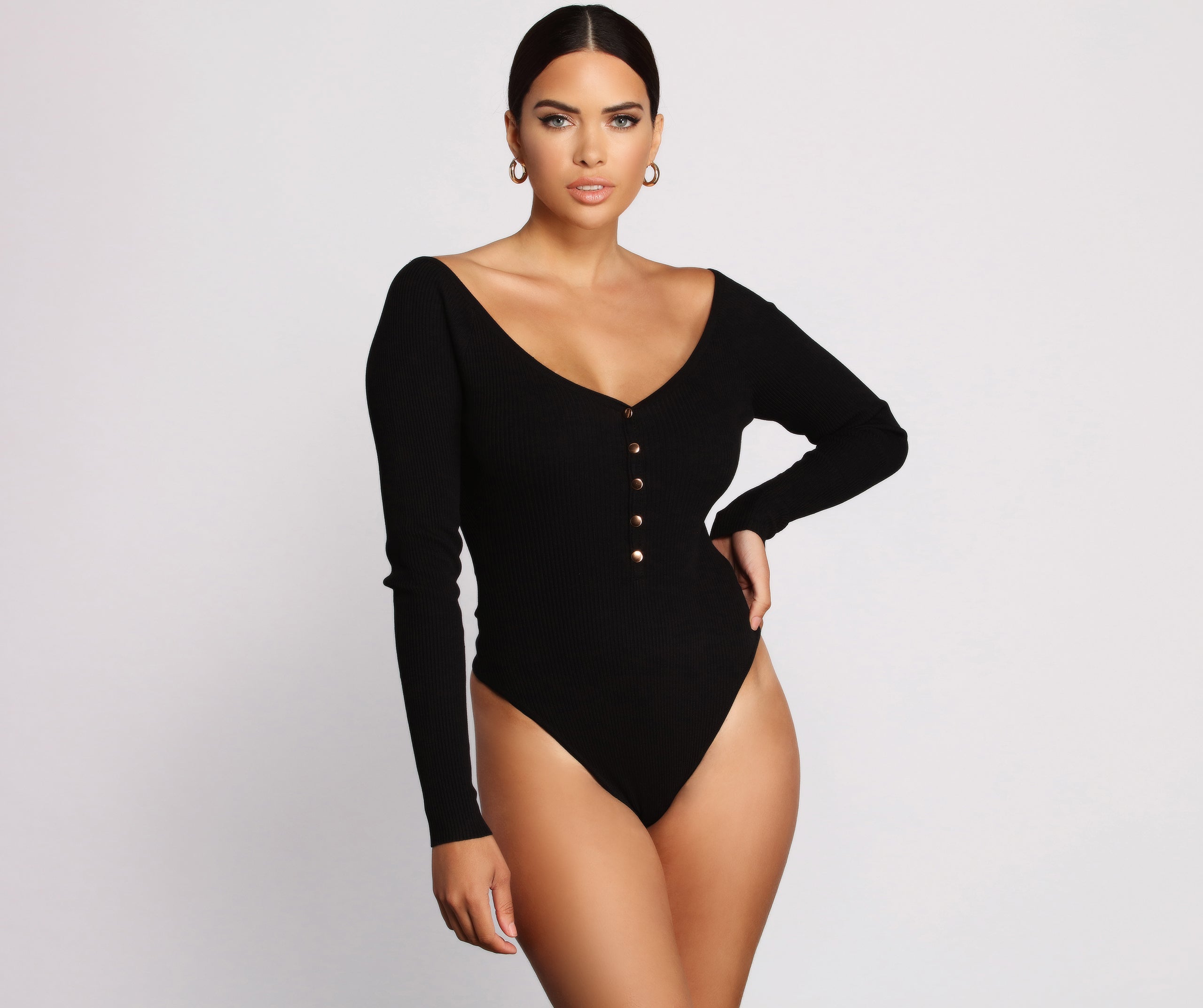 Ribbed Knit Henley Button-Front Bodysuit