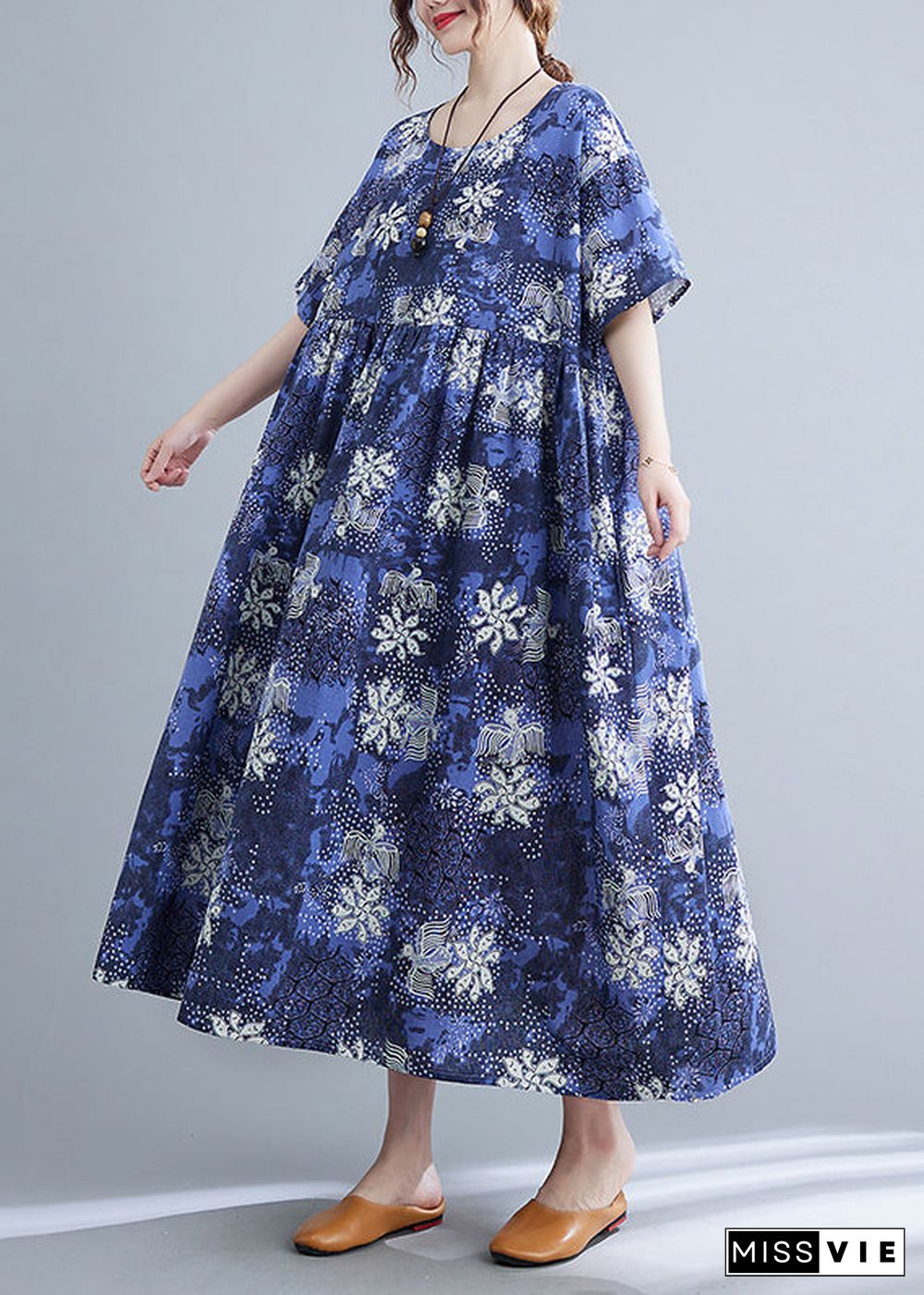 Italian Blue O-Neck Cinched Print Maxi Dresses Short Sleeve