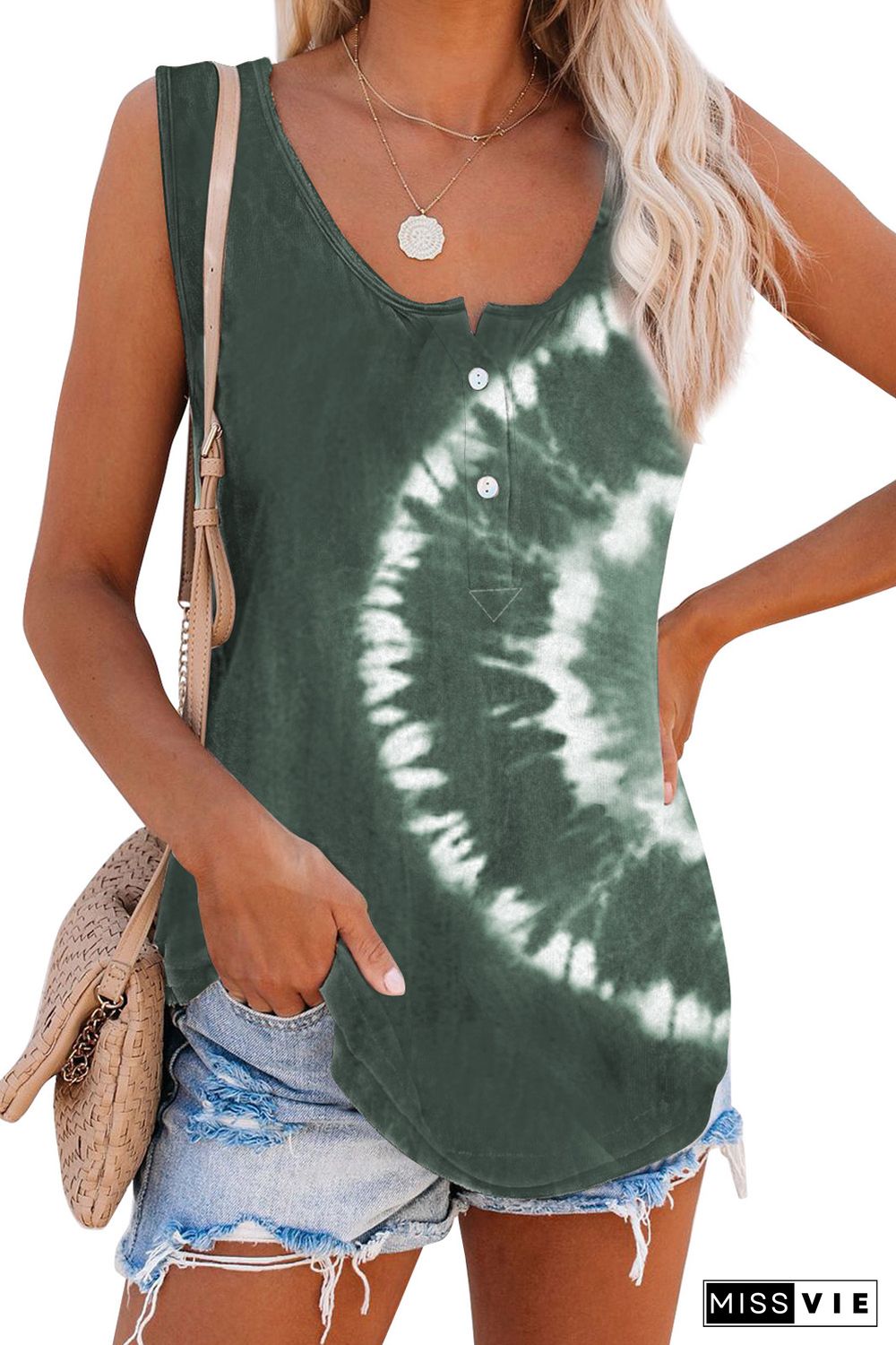 Dark Green Tie-dye Print Tank Top