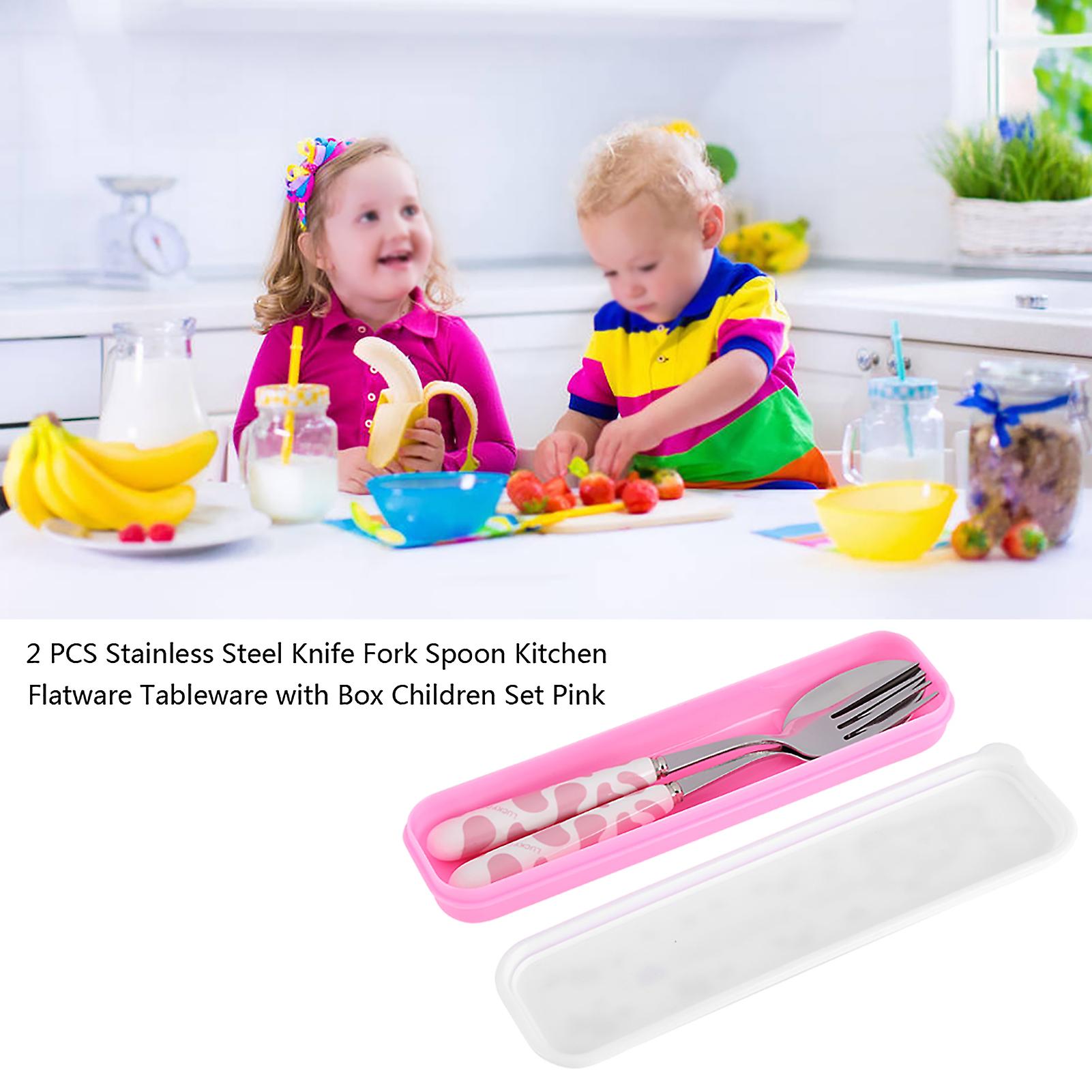 2 Pcs Stainless Steel Knife Fork Spoon Kitchen Flatware Tableware With Box Children Set Pink