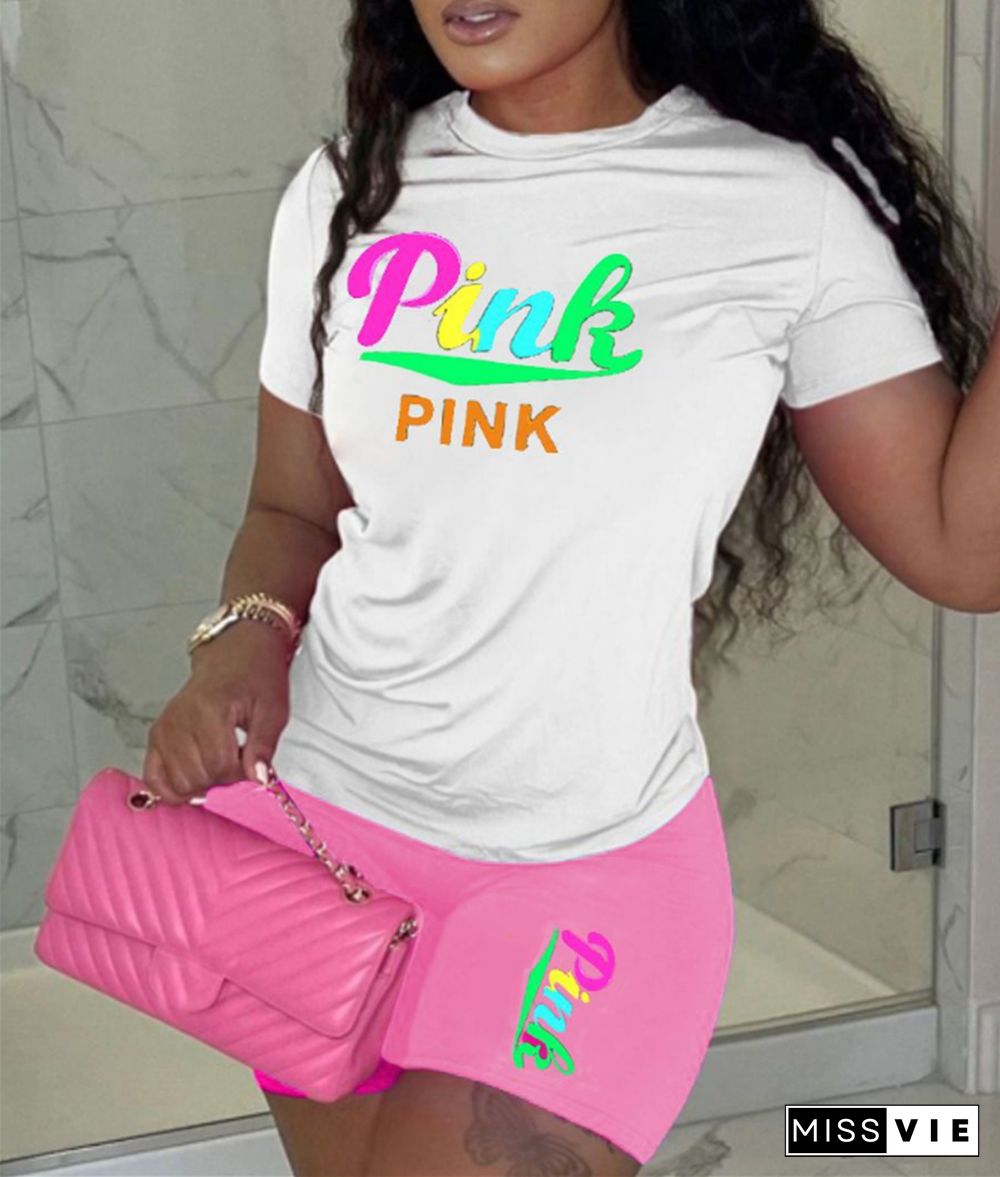 PINK Letter Print Short Sleeve T Shirt Shorts Tracksuit