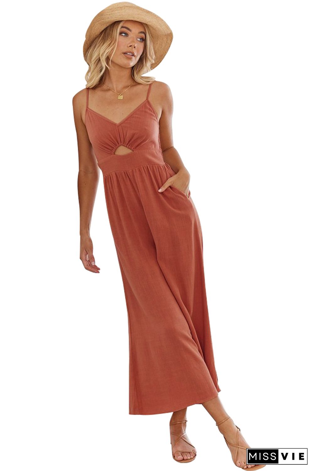 Orange Cut-out Spaghetti Strap Wide Leg Jumpsuit