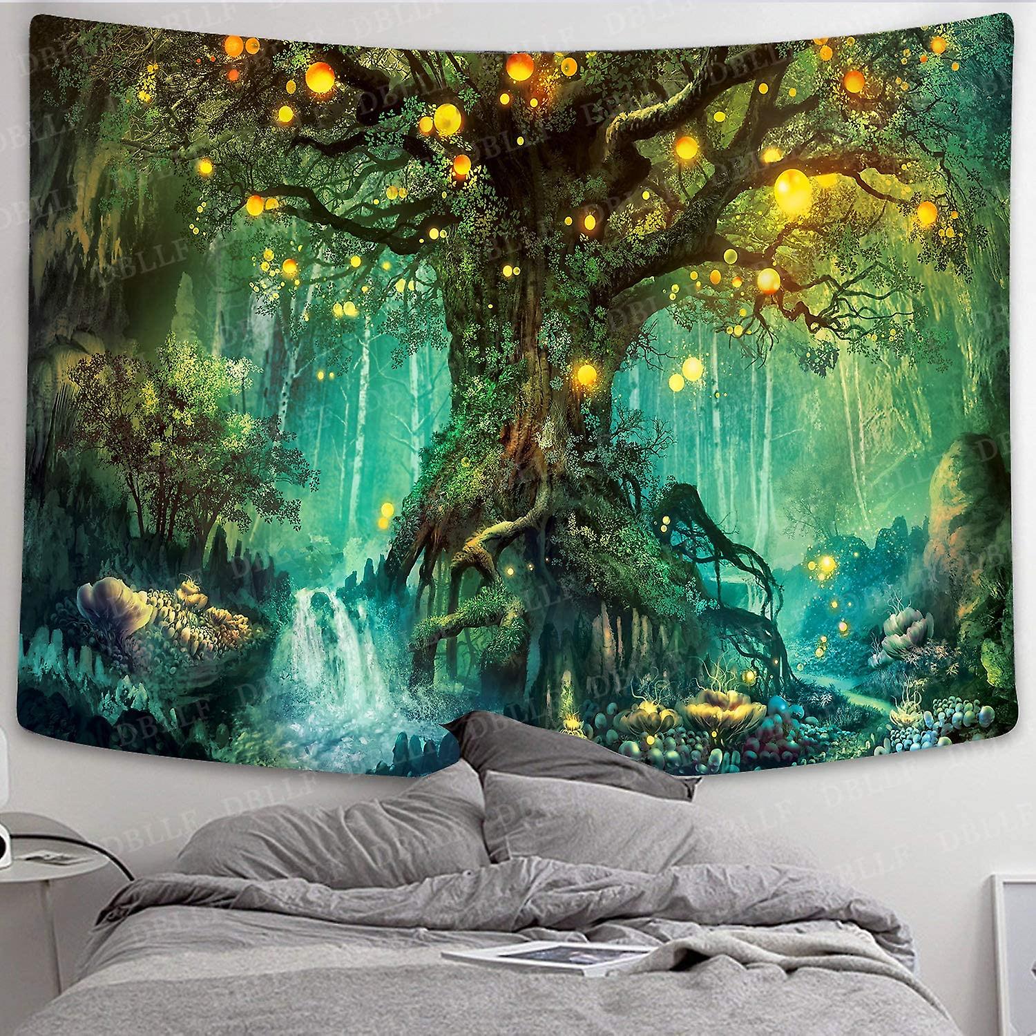 Fantasy Forest Tapestry Magical Tree Of Life Tapestry Mystical Shining Lanterns Tapestry Waterfalls Under Ancient Enchanted Tree Tapestry 80 X 60 Flan