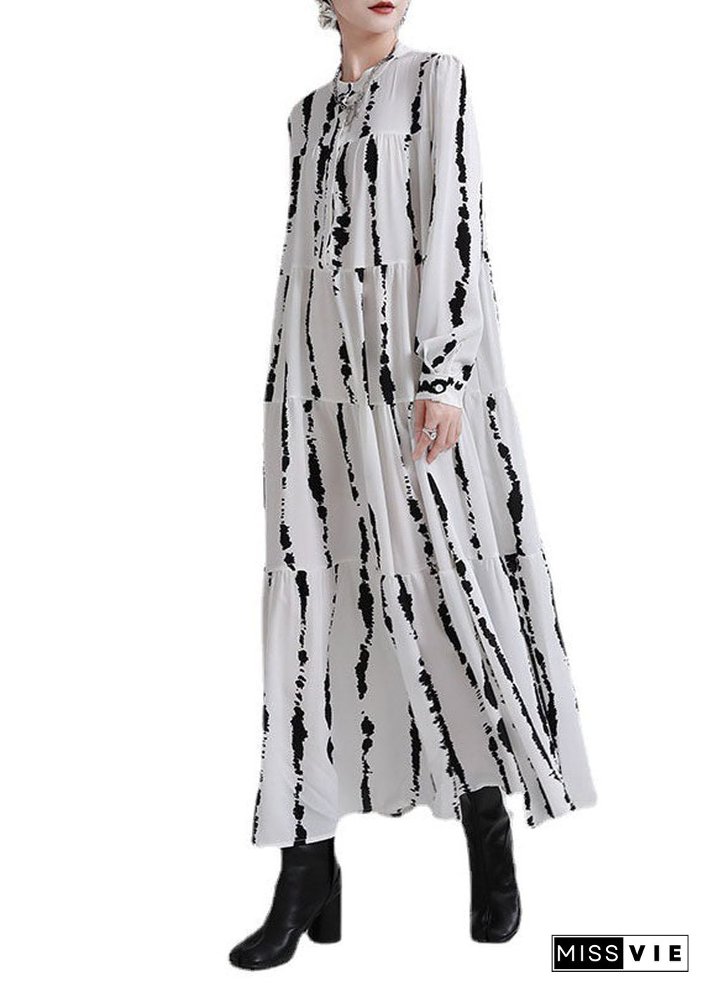 Boutique White Print Patchwork Asymmetrical Design Fall Vacation Dresses Long sleeve