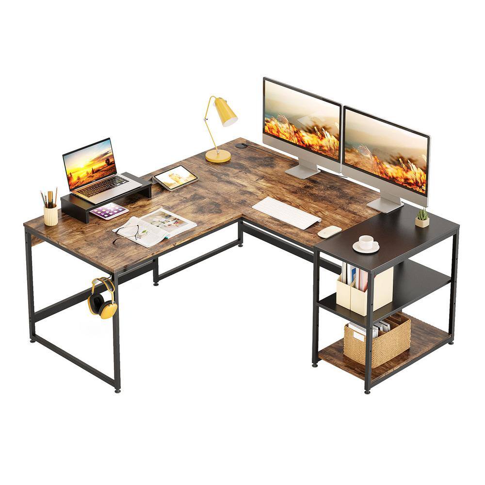 Bestier 59.06 in. Rustic Brown L-Shaped Computer Desk with Shelves D054E-RST