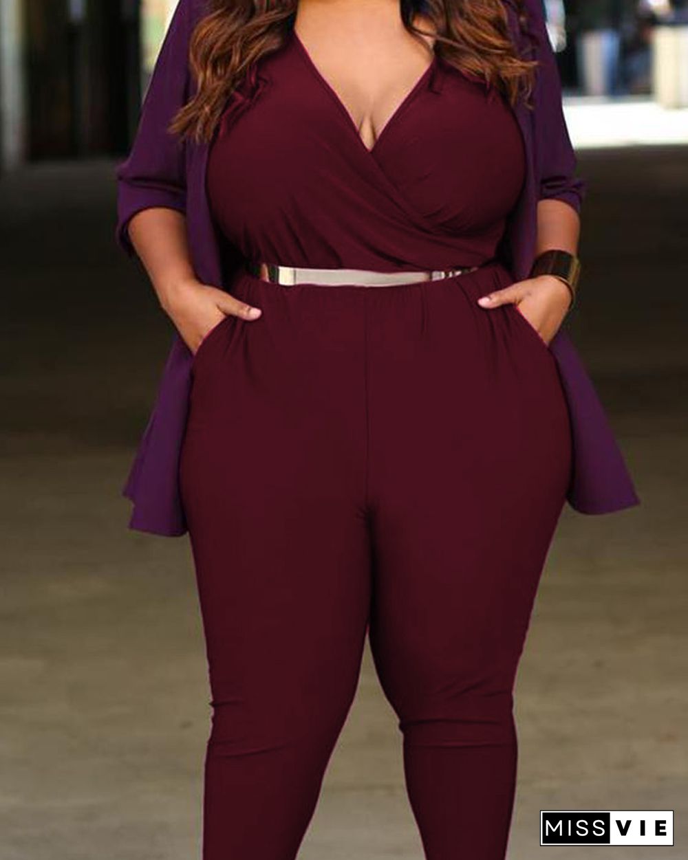 Plus Size Plain Plunge Pocket Design Jumpsuit