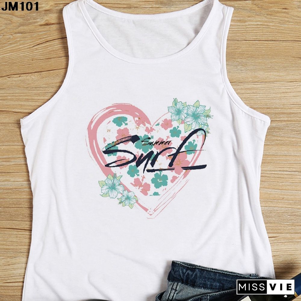 Heart Flower Printed Ladies Camisole Harajuku Casual White Vest Summer Womens Love Graphic Tank Tops Fashion Sleeveless T Shirt