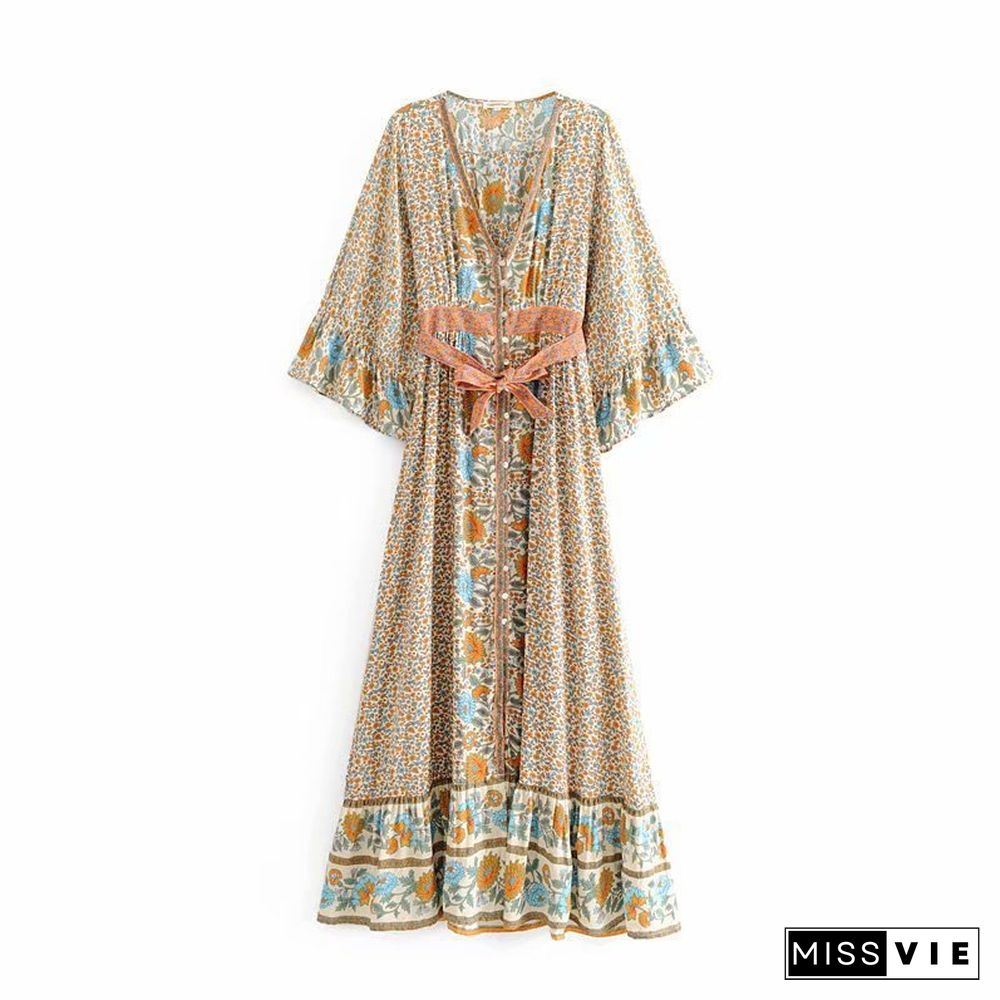 Bohemian Floral Print Belt Ruffle Sleeve Maxi Dress