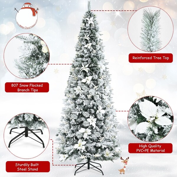 Gymax 5/6/7/8 FT Artificial Snow Flocked Pencil Christmas Tree w/