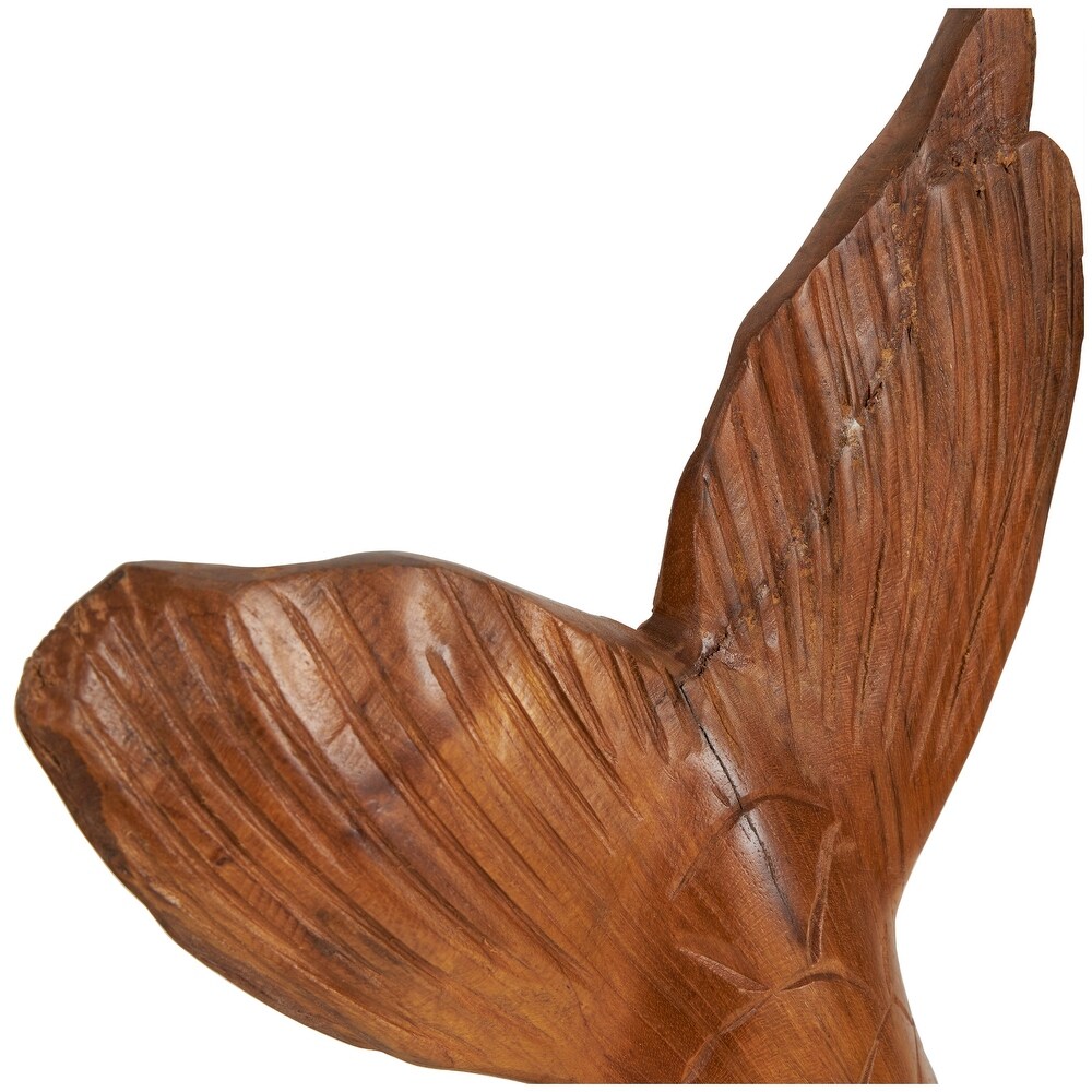 Brown Teak Wood Handmade Tail Live Edge Whale Sculpture with Intricate Carvings (Set of 3)