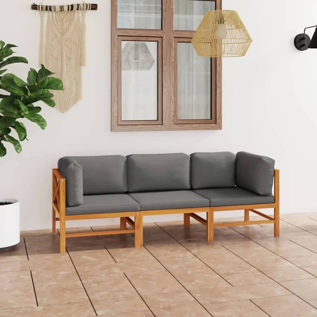 3-Seater Patio Sofa with Gray Cushions Solid Teak Wood - Overstock - 36041803