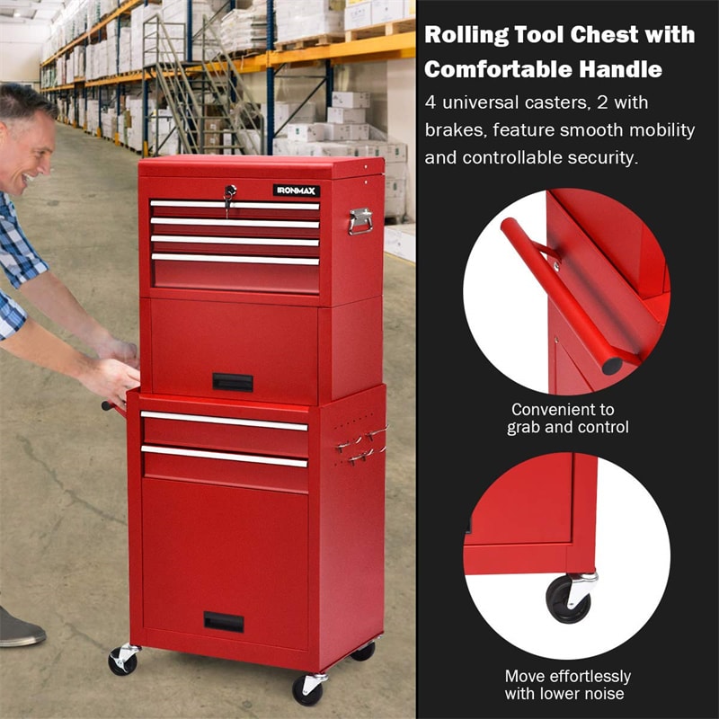 6-Drawer Rolling Tool Chest 3-in-1 Tool Storage Cabinet with Auto Locking System & Lockable Wheels