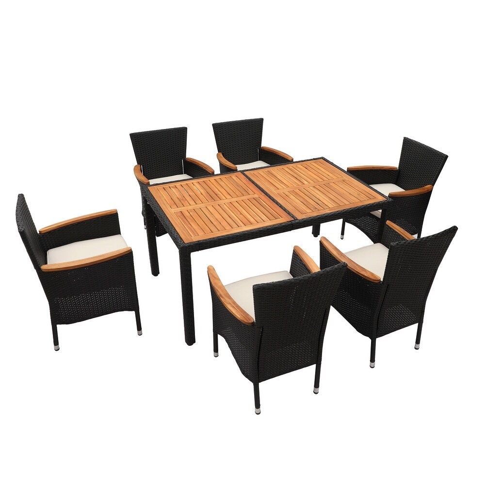 7 Piece Wood Patio Outdoor Dining Set with Rattan Chair and Beige Cushion