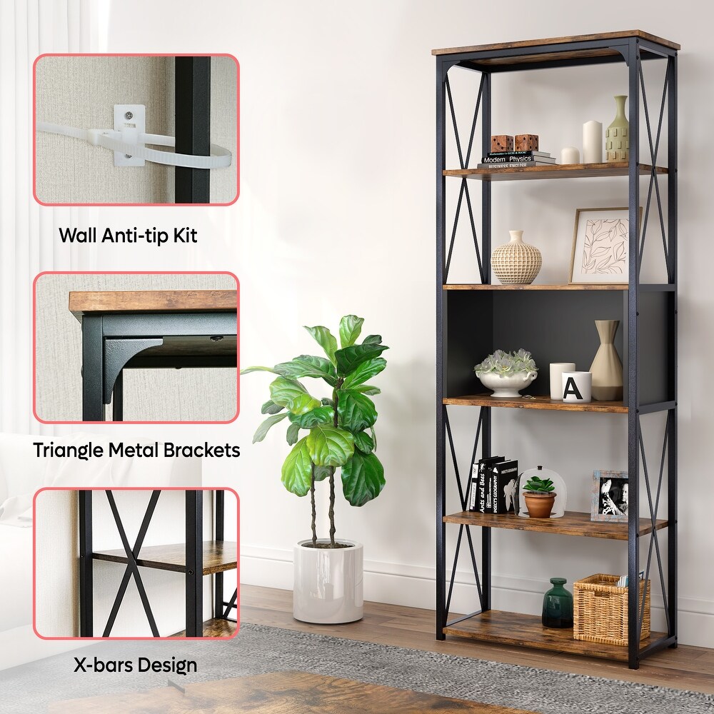 Industrial 5 Tier Bookcase Storage Organizer Free Standing Bookshelf   63 x 23 inches