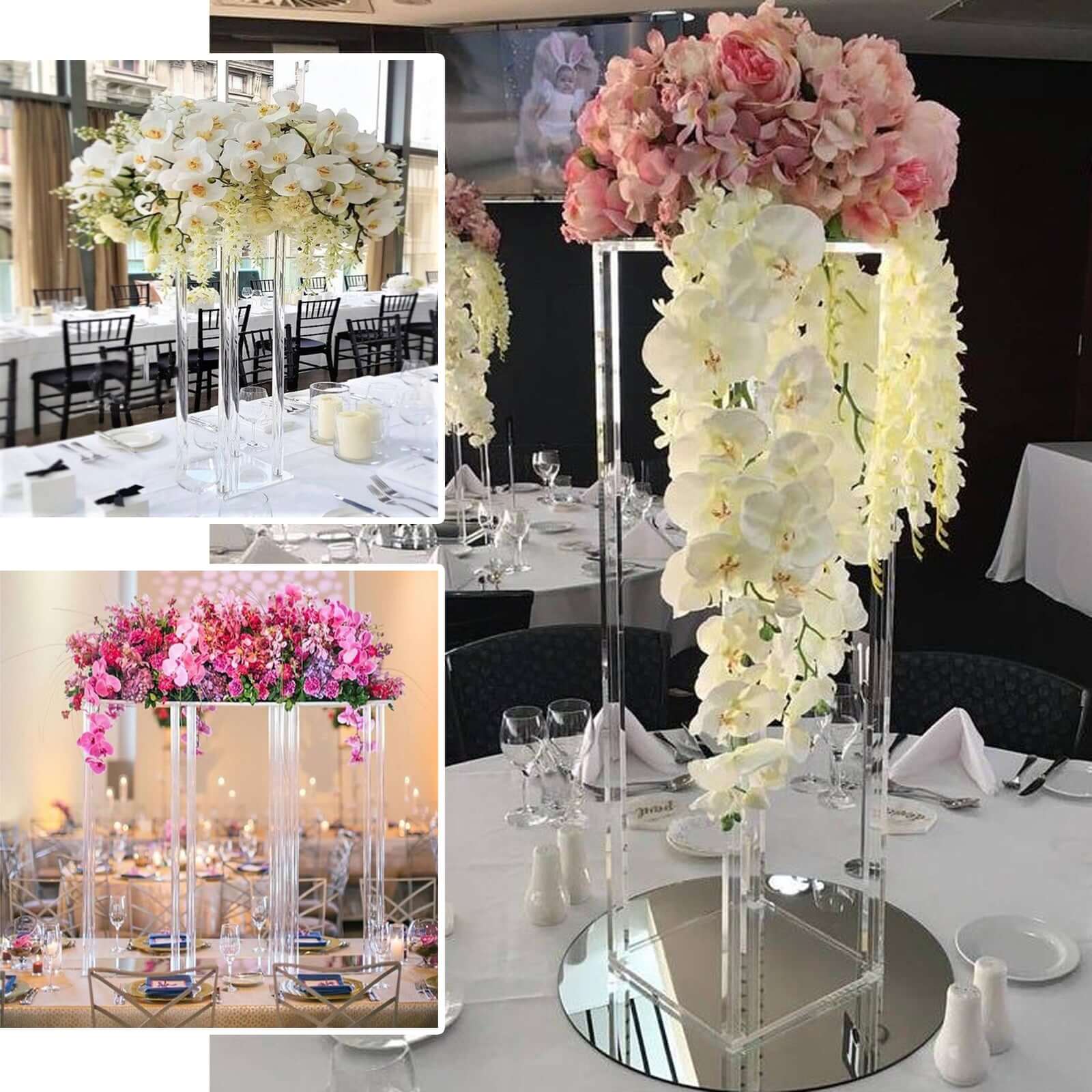 Clear Acrylic Flower Vase Pillar Column Stand With Square Mirror Base, Wedding Table Centerpiece 16