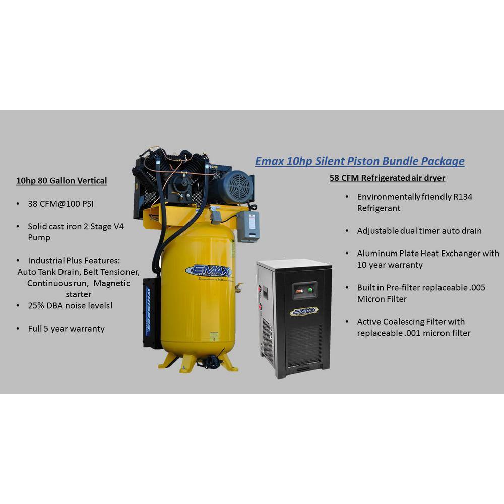 EMAX Industrial PLUS 80 Gal. 10HP 208-Volt 3-Phase 2-Stage Silent Air Electric Pressure Lube Air Compressor with 30 CFM Dryer HSP10V080V3PK