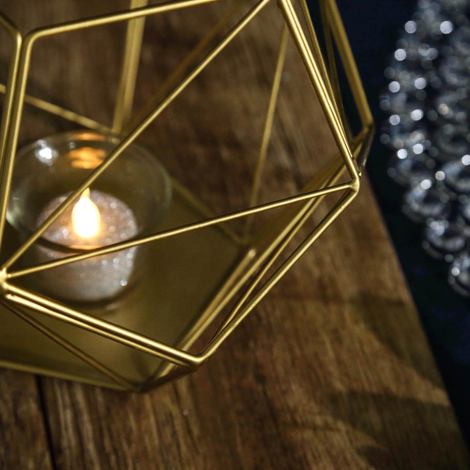 Gold Metal Pentagon Prism Tealight Candle Holder, Open Frame Geometric Flower Stand 7