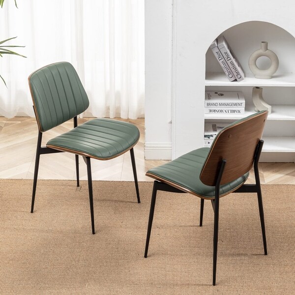 Dining Chairs Set of 2 Mid Century Modern Retro Faux Leather Chair with Walnut Bentwood Upholstered Seat (Green) - as picture