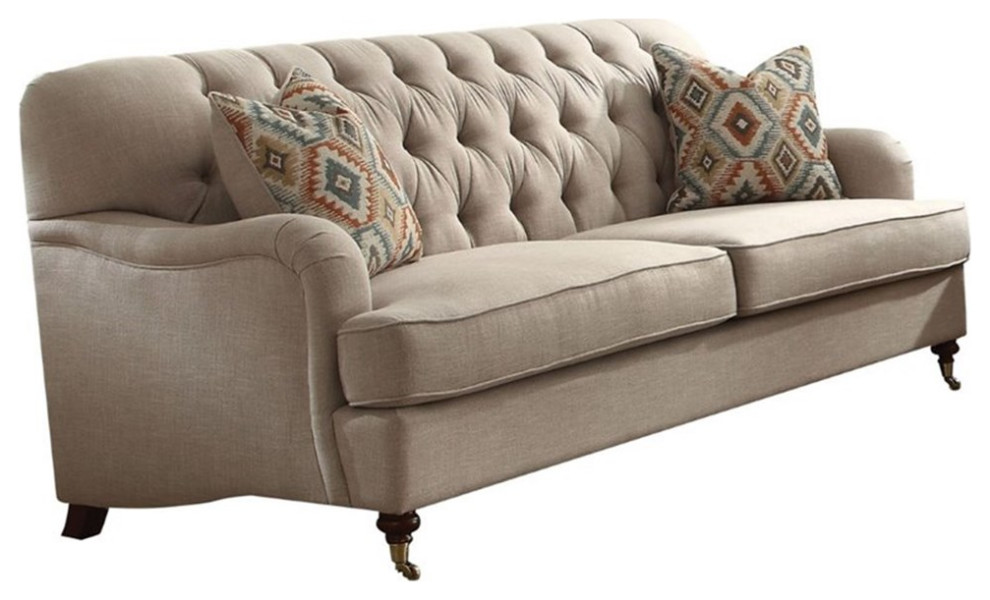 Bowery Hill Traditional Button Tufted Sofa with 2 Pillows in Beige Fabric   Traditional   Sofas   by Homesquare  Houzz