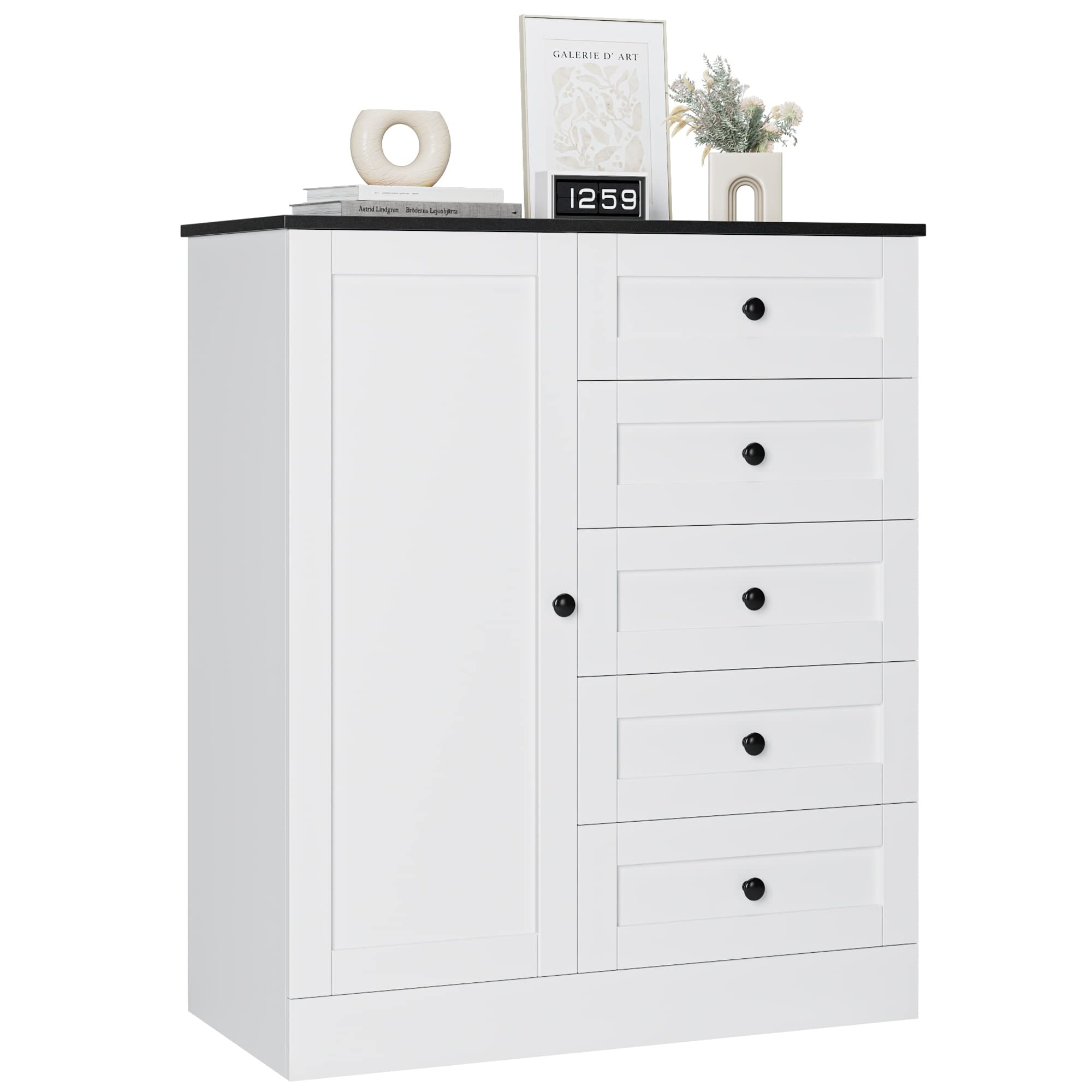 5 Drawer Dresser with Door， White Storage Cabinet with Drawers and Shelves， Modern Chest of Drawers Closet Organizers - - 37668247