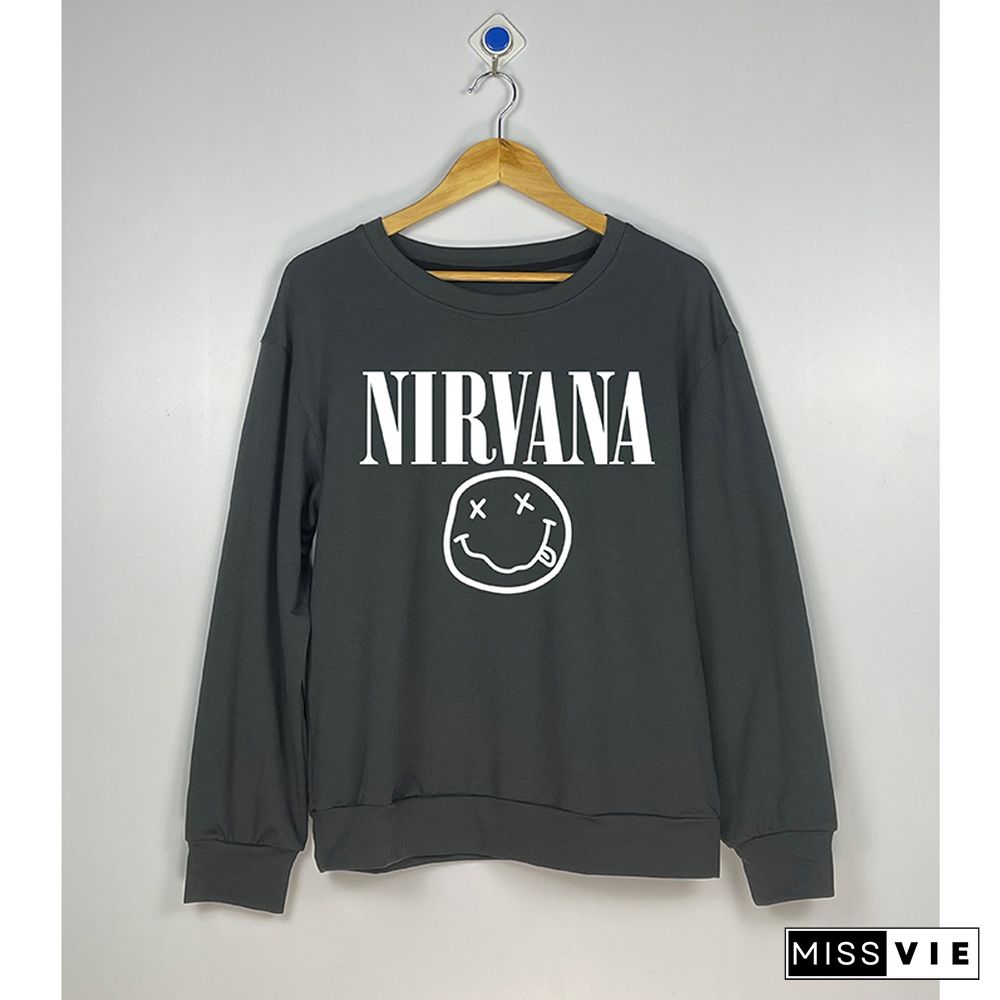 Nirvana Smiley Print O-neck Long Sleeve Sweatshirts Women Wholesale