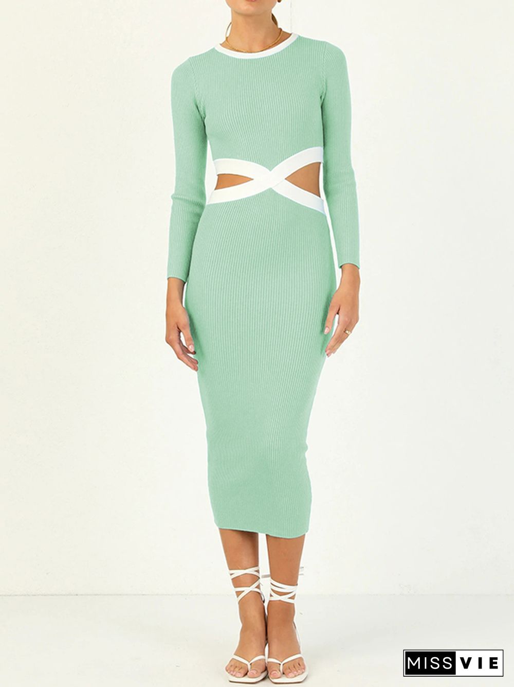 High Waisted Long Sleeves Hollow Round-Neck Midi Dresses