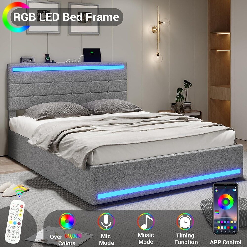 Queen Bed Frame with 2 USB Charging Station   LED Lights