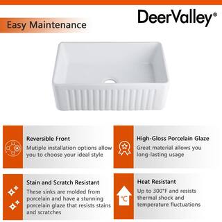 DEERVALLEY Harvest White Ceramic 30 in. L x 18 in. W Rectangular Single Bowl Farmhouse Apron Kitchen Sink with Grid and Strainer DV-1K026