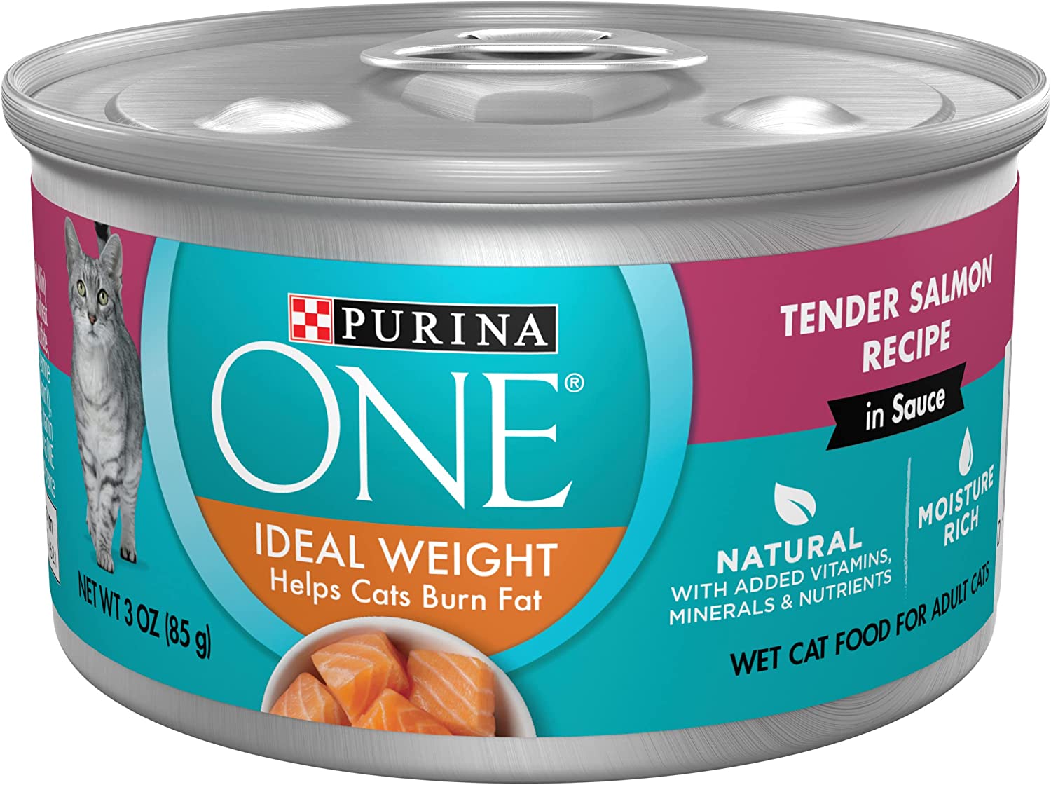 Purina ONE Natural Weight Control Wet Cat Food， Ideal Weight Tender Salmon Recipe - (24) 3 oz. Pull-Top Cans