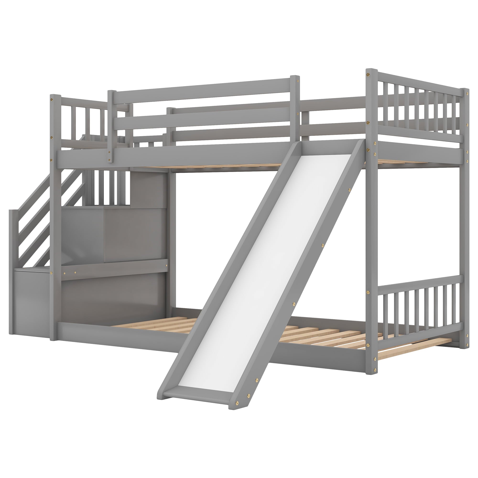 Euroco Twin Over Twin Bunk Bed with Slide and Stairway for Kids, Gray