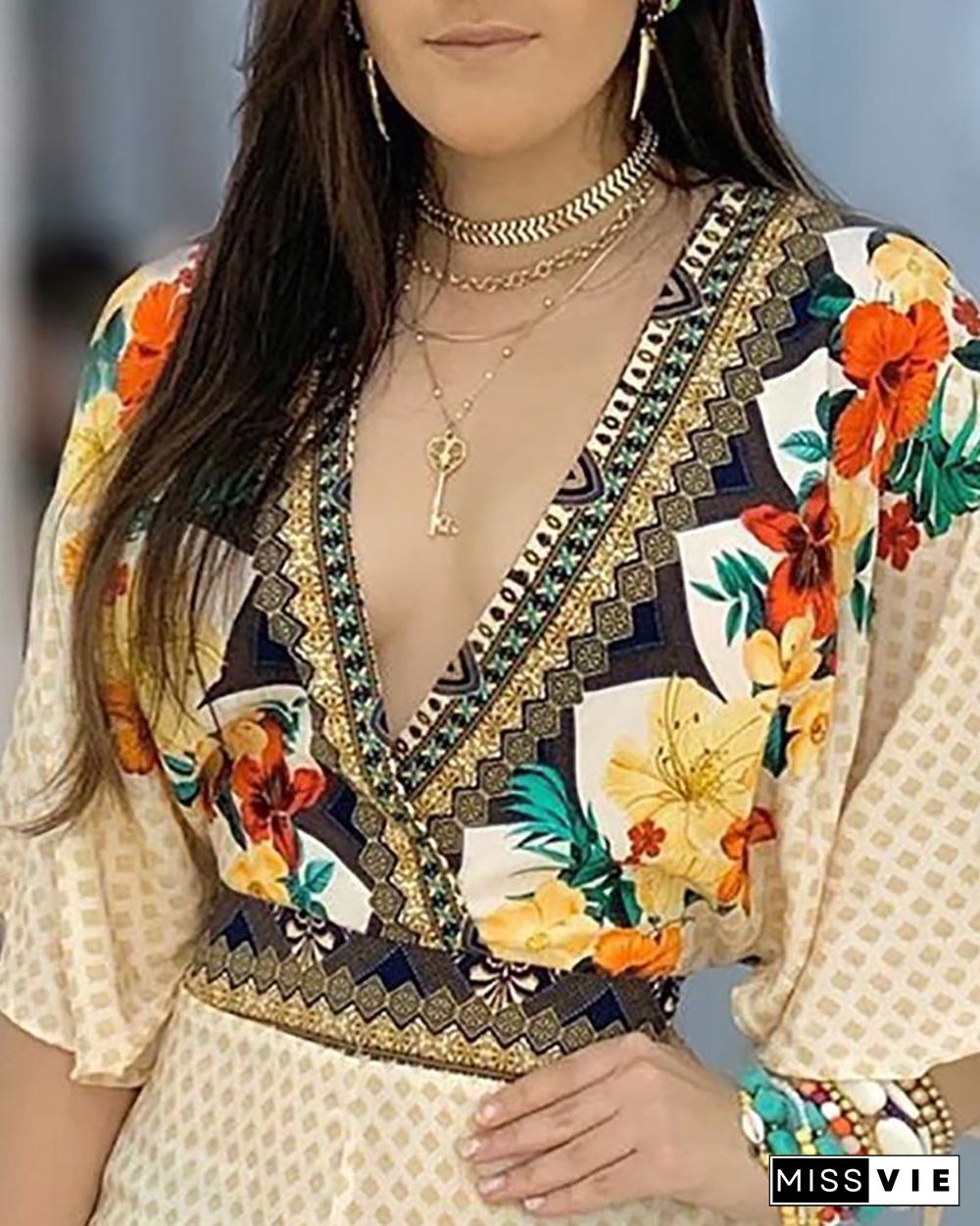 Deep V Neck Floral Half Sleeve Romper P11221