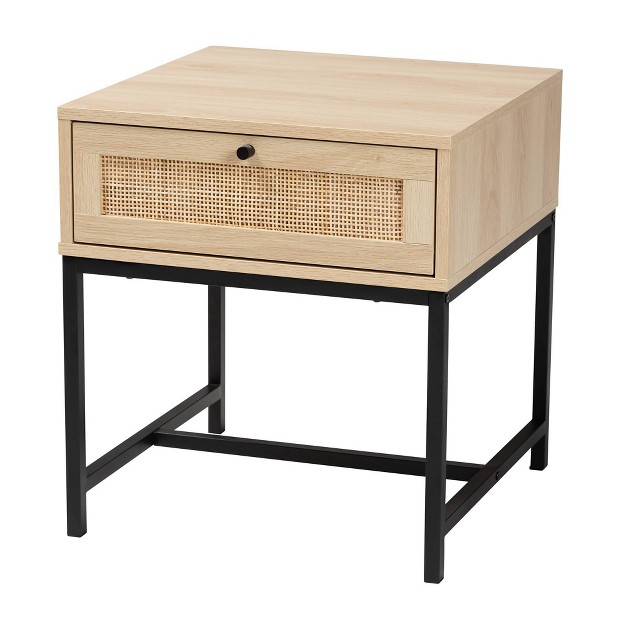 Caterina Wood And Natural Rattan 1 Drawer End Table Natural Brown black Baxton Studio