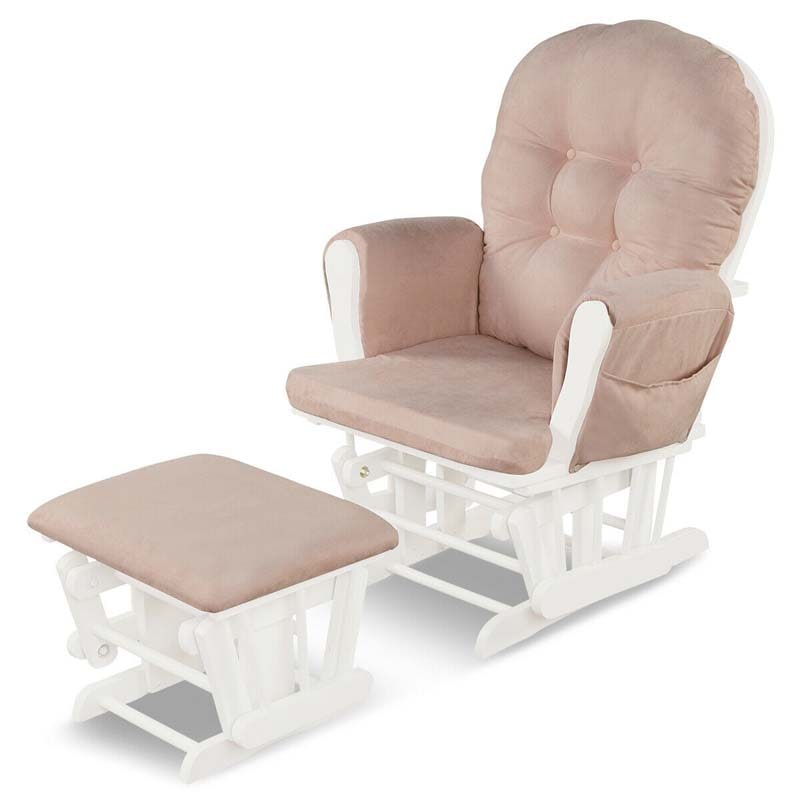 Glider Rocking Chair & Ottoman Set Solid Wood Baby Rocker Nursery Chair With Padded Cushions & Pockets