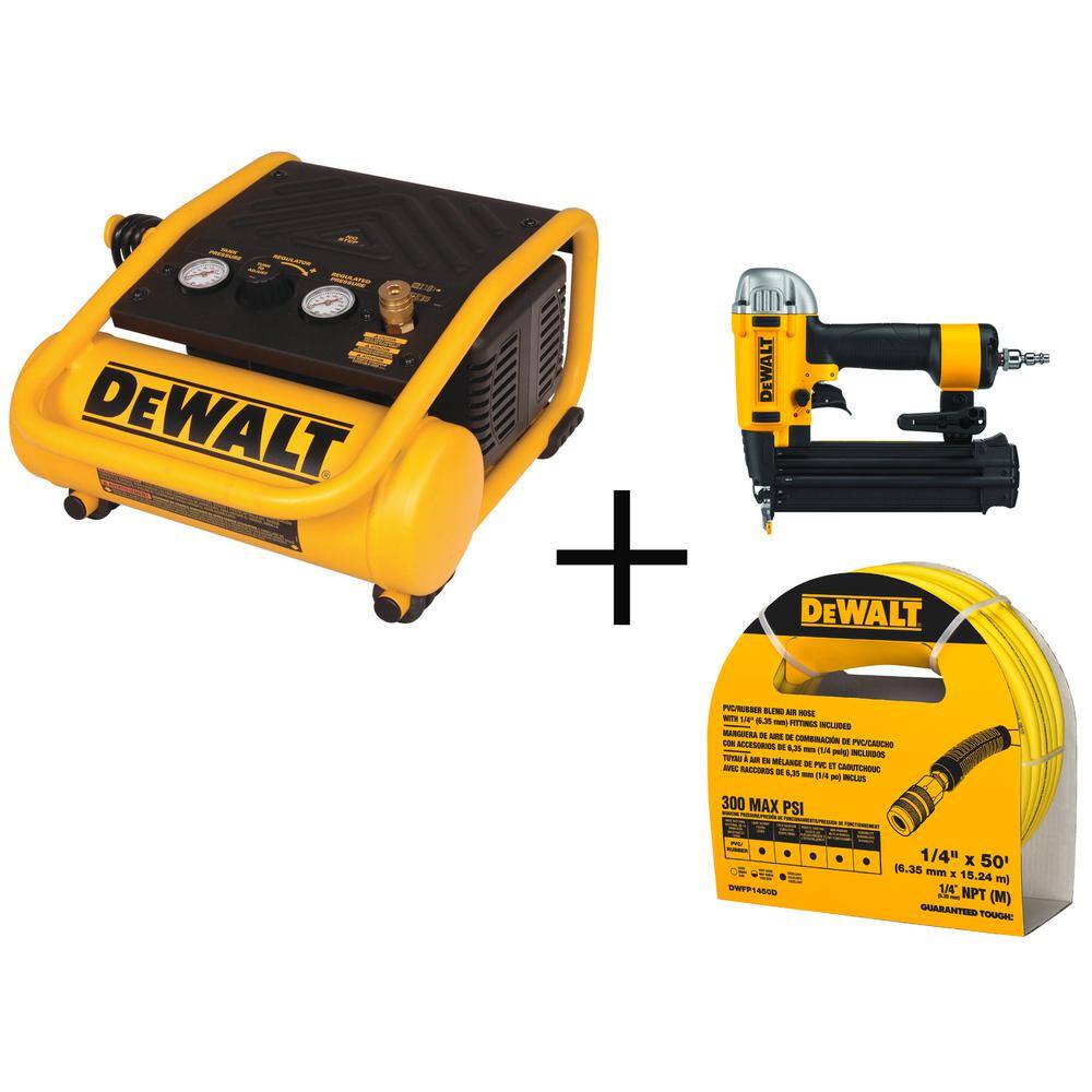 DW 1 Gal. 135 PSI Portable Electric Trim Air Compressor 18-Gauge Pneumatic Brad Nailer and 50 ft. x 14 in. Air Hose D55140W12233