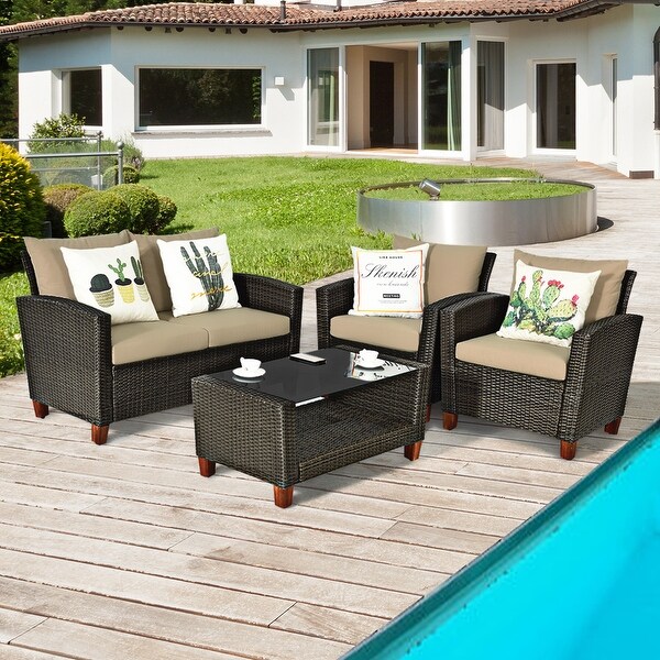 Gymax 8PCS Cushioned Rattan Conversation Set w/ Coffee Table Patio